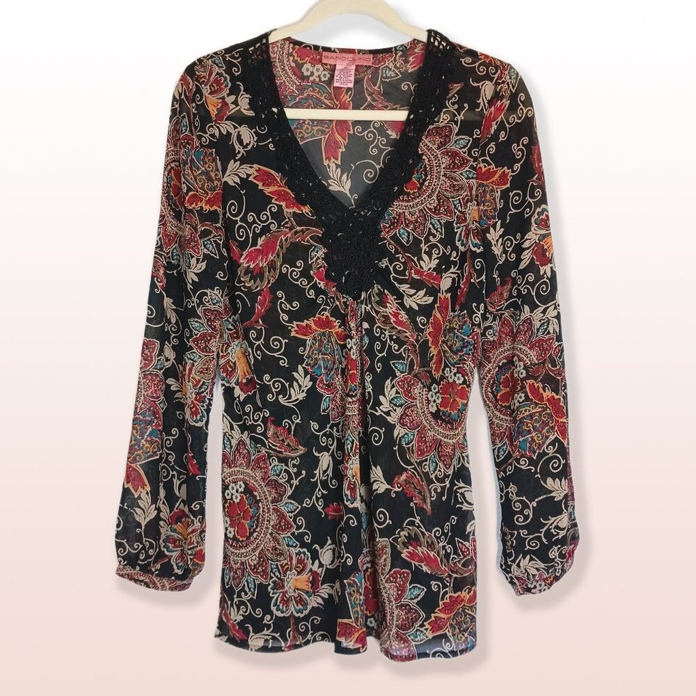 Bandolino Y2K Sheer Long Sleeve Floral Tunic Crochet Neckline Size 10
